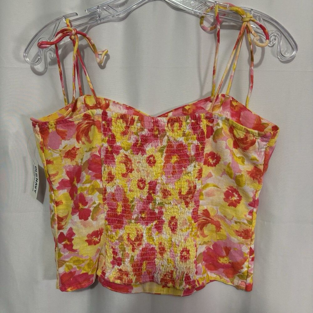 NWT Old Navy Floral Bustier Top Tank Smocked Back Fitted Tie Strap Small Linen - Picture 10 of 10